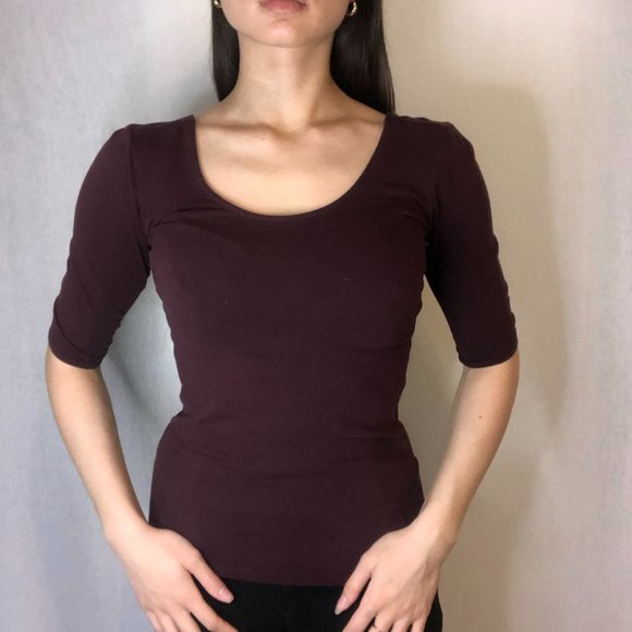 Burgundy Scoop Necked Mid Sleeve Shirt - Picture 2 of 6